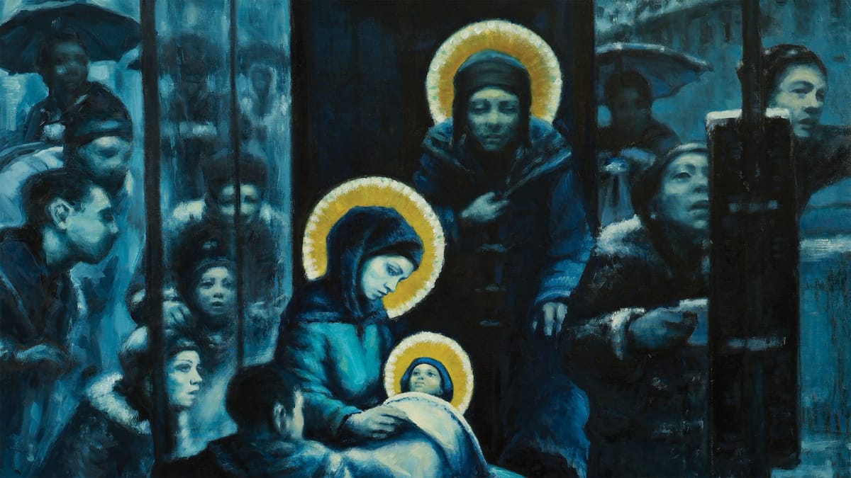 Bus Stop Nativity by Andrew Gadd shows Mary, Joseph and Jesus are sat in a bus shelter surrounded by contemporary diverse Londoners