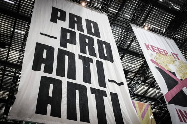 Black text of Pro-Pro Anti-Anti on a white banner hanging at Aviva Studios as part of The Fête of Britain, Feb 2024.