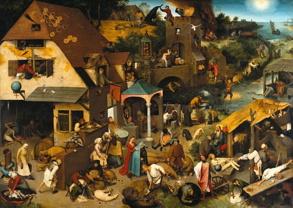 A scene of Medieval revelry! A topsy-turvy world. The painting, by Pieter Bruegel the Elder is called Netherlandish Proverbs