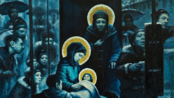 Bus Stop Nativity by Andrew Gadd shows Mary, Joseph and Jesus are sat in a bus shelter surrounded by contemporary diverse Londoners